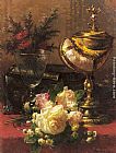 A Bouquet of Roses and other Flowers in a Glass Goblet with a Chinese Lacquer Box and a Nautilus Cup on a red Velvet draped Table